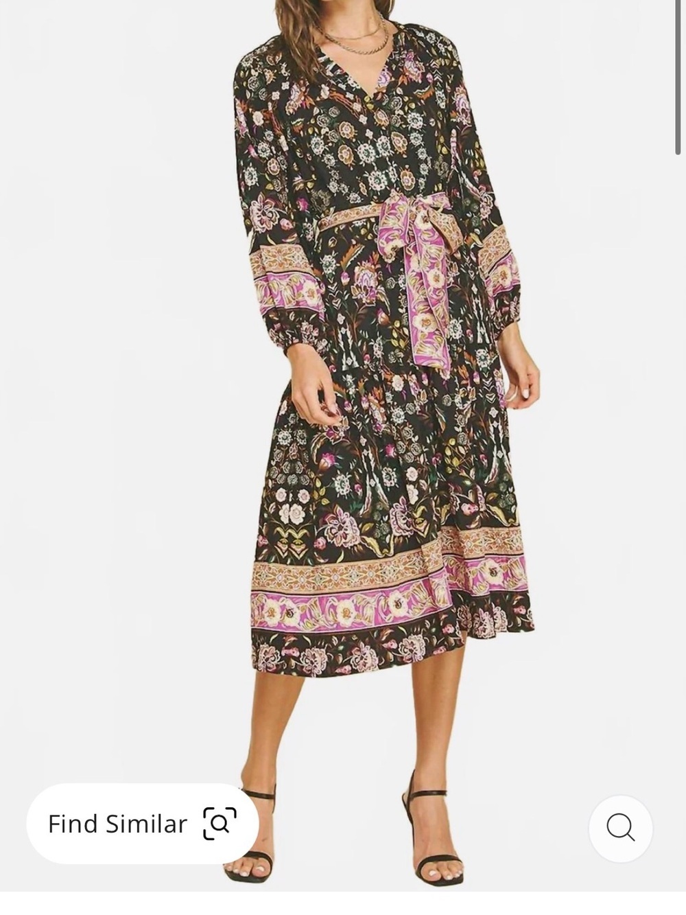 Pinch Border Print Tiered Midi Dress In Black boho floral Multi size small